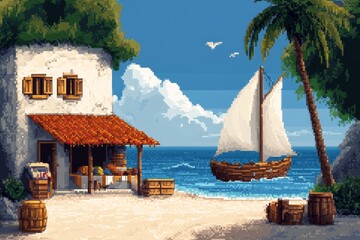Fototapeta premium A pixel art version of a bustling Zanzibar harbor, with animated dhow boats, pixelated waves, and colorful market stalls lining the shore