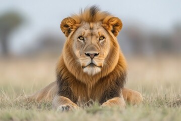 Obraz premium Majestic male lion resting in the african savanna grassland