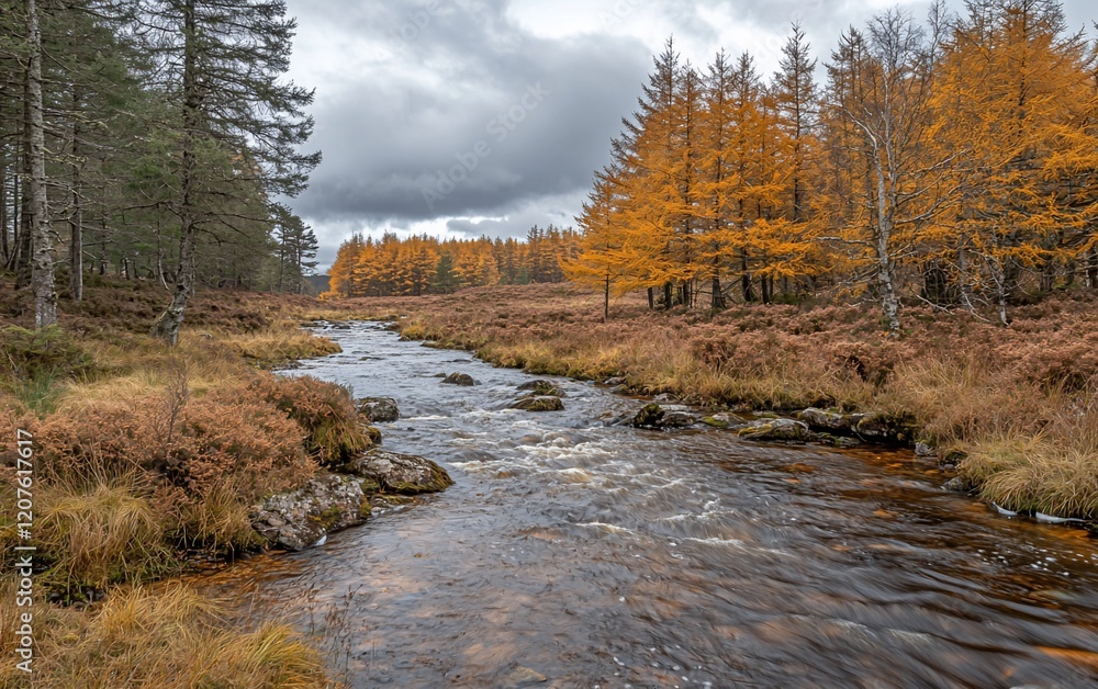 Poster autumnal stream flows through colorful forest.