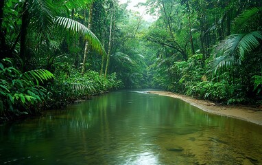 Obraz premium Lush green rainforest with calm river.