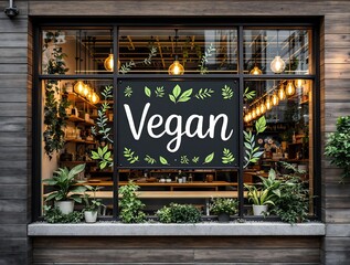 Obraz premium Chic storefront with vegan menu board, featuring greenery and modern design