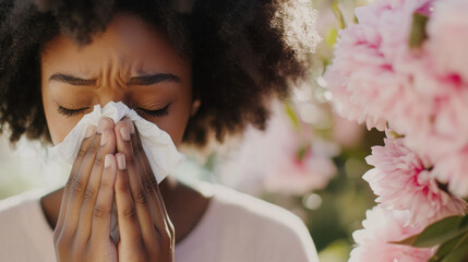 Close-up of woman sneezing into tissue during allergies with blooming flowers in background