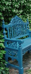 Bench with a blue finish nestled among verdant leaves in the garden, wood, comfortable, fresh, natural, painted