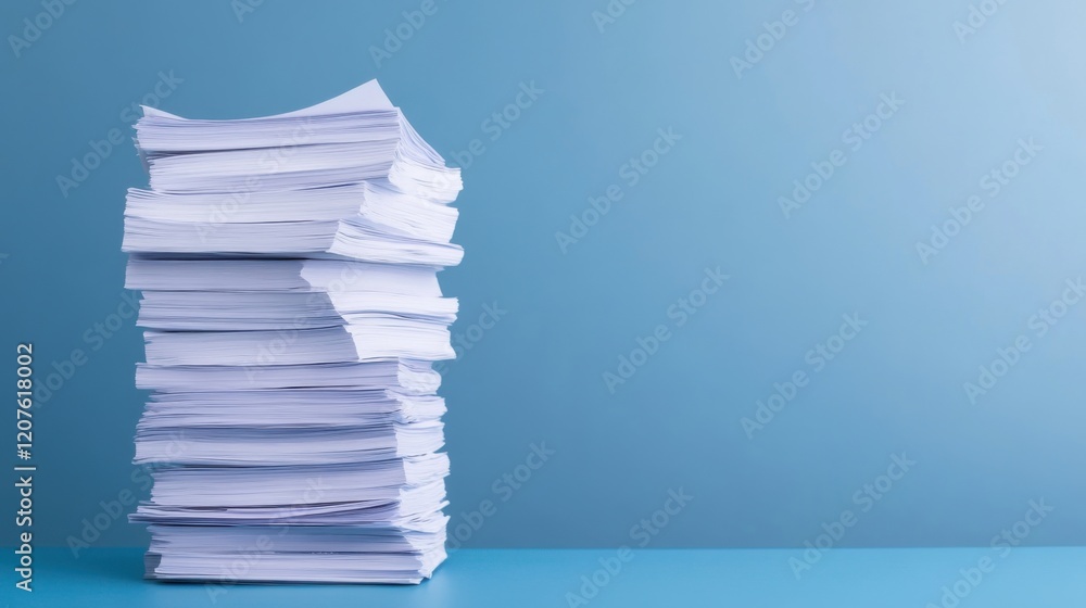 Poster tall stack of white papers against a soft blue background for office and business concepts