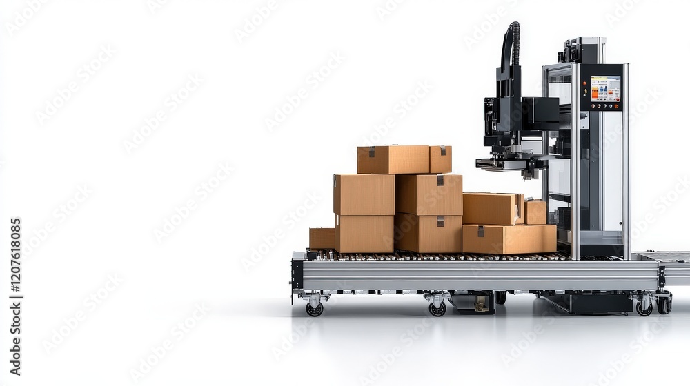 Poster modern automated robotic arm handling cardboard boxes on conveyor system in warehouse environment, s