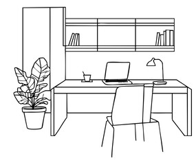 Workplace sketch. Tables, chairs and windows