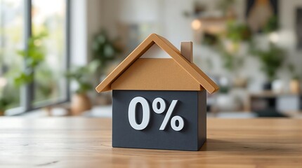 Decorative model house with zero percent sign symbolizing attractive mortgage offers for homebuyers
