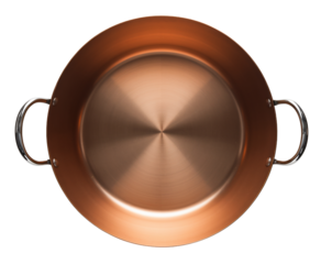 Shiny Copper Pan on White Background with Reflection