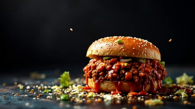 A Sloppy Joe Burger with ketchup dripping down the sides.