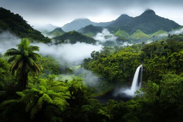 Obraz premium A scenic view of the Eastern Highlands, with lush green hills, misty forests, and a cascading waterfall in the distance