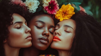 Obraz premium Serene Portrait of Three Women with Flowers
