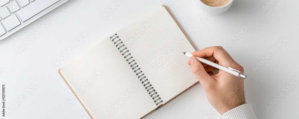 Poster goals and implementation concept, writing in a notebook with a cup nearby on a clean desk.