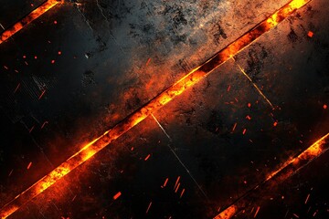 Textured metallic surface displays glowing fire reflections in shades of orange, red, and gold against a dark background. The design offers ample negative space for text overlay