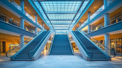 Fototapeta premium An interior staircase in a building with a glass roof structure, offering a wide-angle abstract view. A fragment of a blue interior with the ceiling, reflecting successful industrial architecture in a