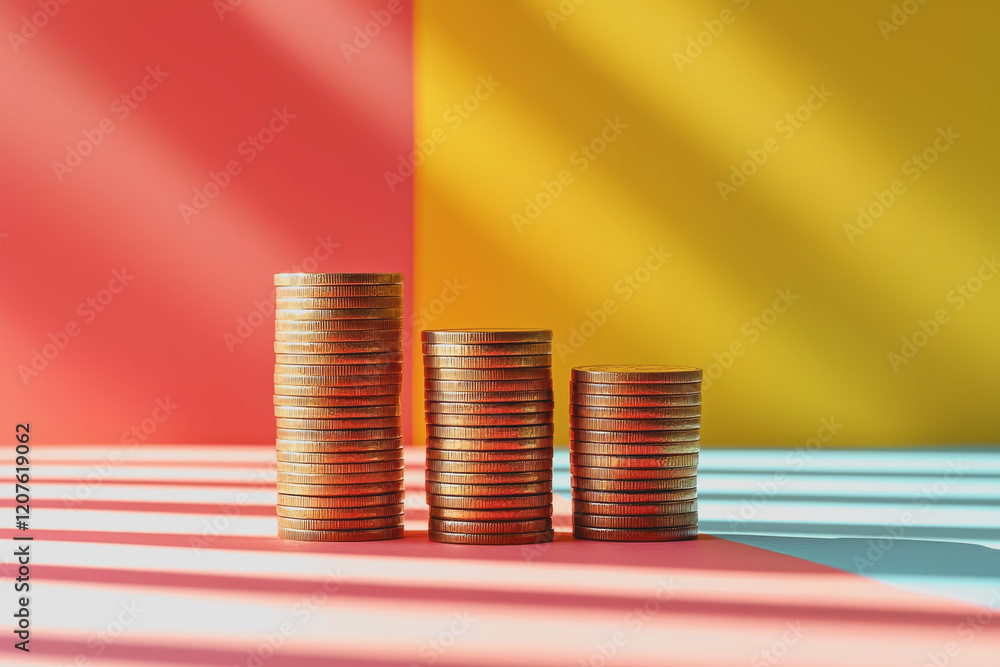 Poster stacks of coins arranged on a colorful background showcasing different denominations and textures fo