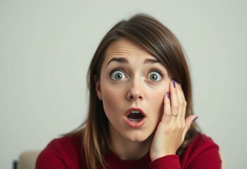 Surprised female portrait with bright red face and wide open eyes