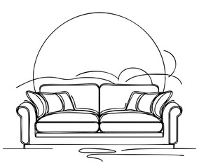 Linear sketch of an interior. Hand drawn sofa in sketch style