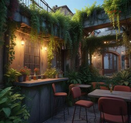 Fototapeta premium Bar terrace with overgrown plants and vines crawling up the walls , terrace, nature