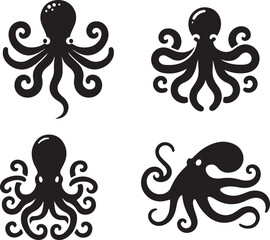 Silhouette vector illustration of a flat octopus art in black color with a white background