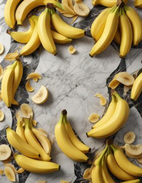 Banana molens arranged in a decorative pattern on a marble countertop, glass jar, food, bananas