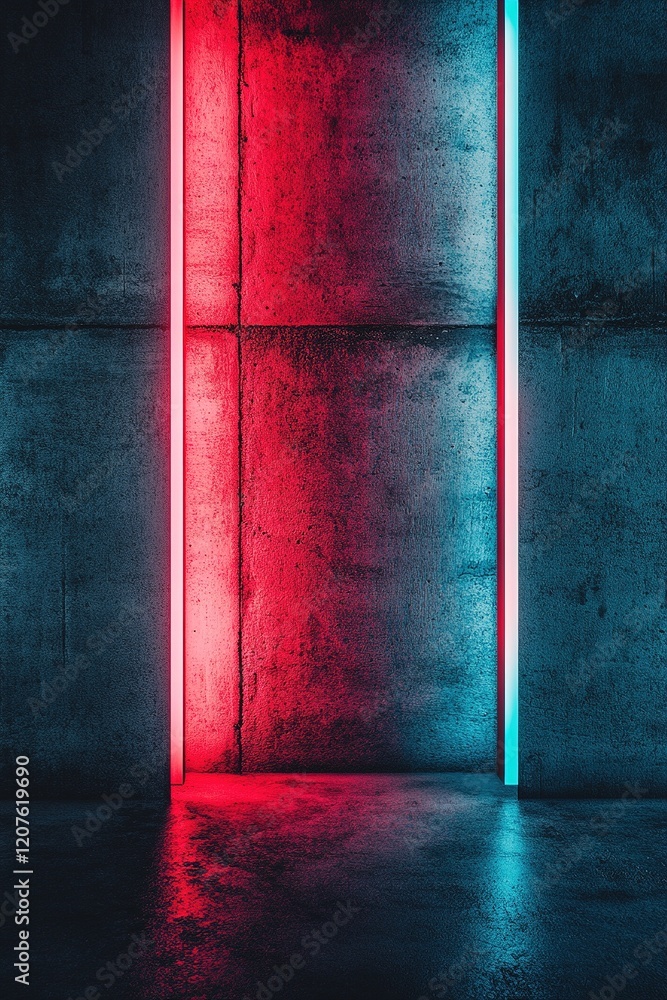 Poster dark concrete walls illuminated by neon blue and red lights create a striking modern industrial back