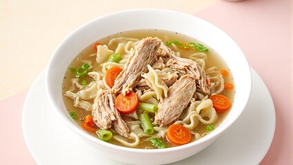 Delicious homemade chicken noodle soup in white bowl on pastel background