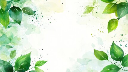 Watercolor green leaves border with white copy space.