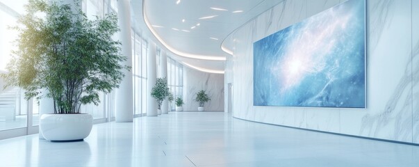 Modern gallery interior with large artwork and greenery.