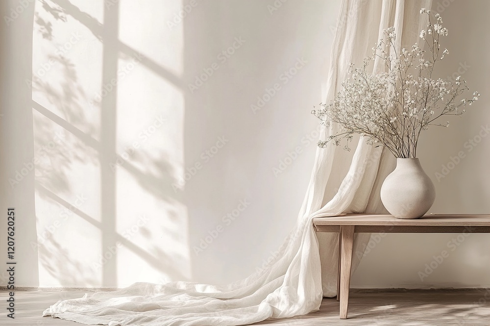 Poster a minimalist wooden table is adorned with a large vase filled with wildflowers. soft linen curtains 