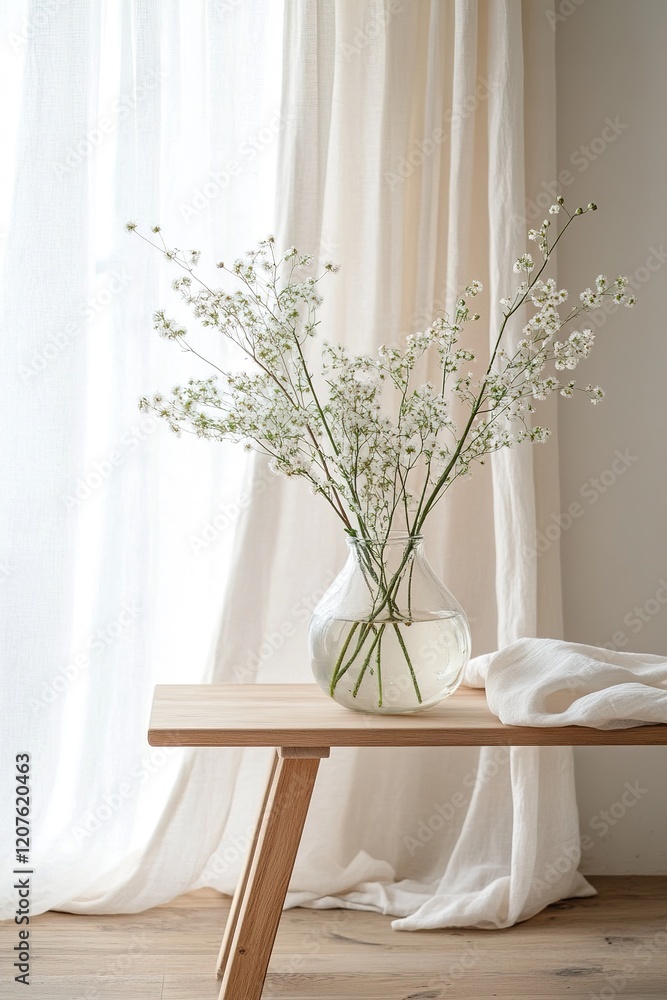 Poster a harmonious setup features a minimalist wooden table adorned with a large vase of wildflowers. soft
