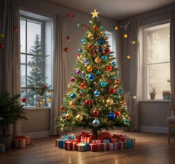 Artificial Christmas tree with colorful balls and streamers, Fun and playful atmosphere, Streamer decorations