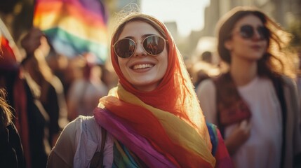 Obraz premium Smiling woman in vibrant rainbow scarf at pride parade