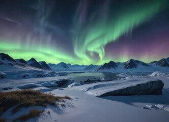 Naklejka premium Arctic landscape with aurora borealis in the sky , icy landscape, aurora borealis, colorful sky