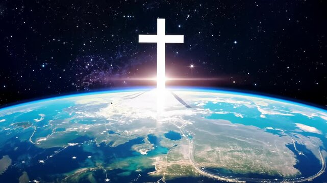 Jesus cross orbiting planet Earth, symbolizing Christianity, faith, and spirituality. A powerful representation of worship and divine connection. jesus christ, holy, week, spirit, bible, religion