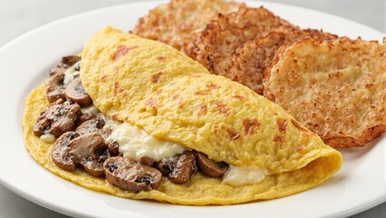 Delicious fluffy omelette with cheese mushrooms and crispy hash browns on white plate