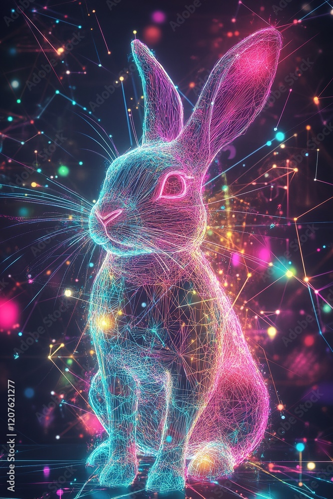 Poster this easter card features a cyber bunny with glowing digital lines and colorful neon lights. the sle