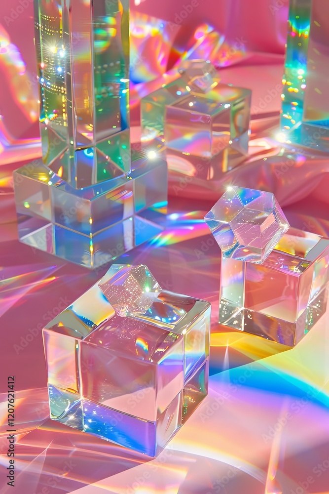 Poster colorful prism blocks with rainbow light reflections on smooth surface. abstract design for art post