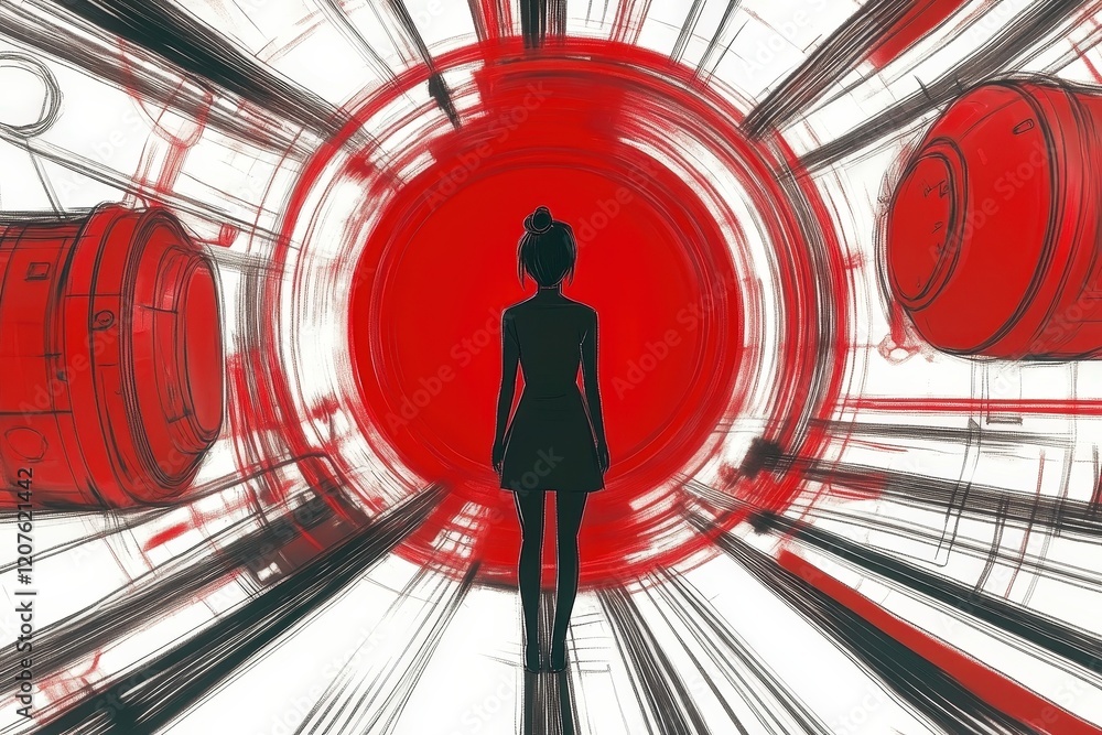 Poster silhouette of a figure against a bold red portal with dynamic lines