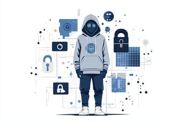 A hacker wearing a hood stands in front of a digital security symbol.
