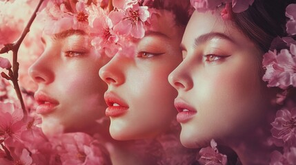 Obraz premium Three Women Surrounded by Delicate Pink Cherry Blossoms