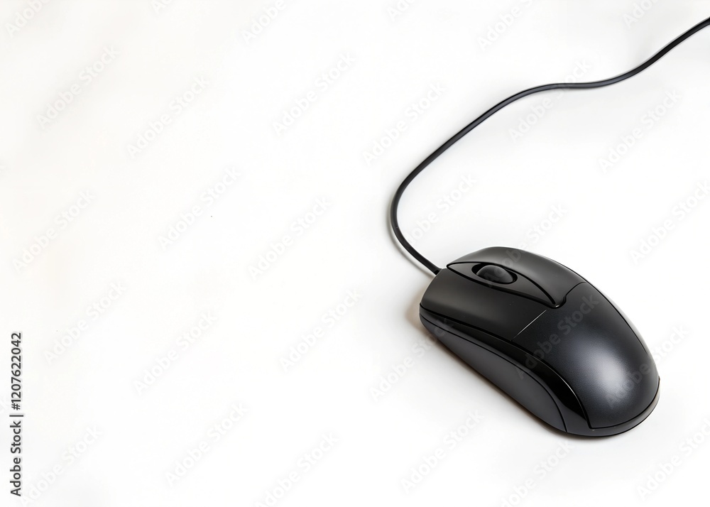 Fototapete black computer mouse positioned on a blank white paper background with ample copyspace for text repr