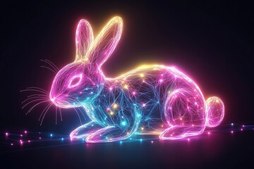 A sleek Easter card showcases a cyber bunny adorned with neon lights and glowing digital lines in pastel shades