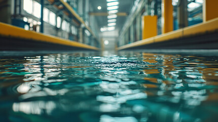 Transparent water flowing through a factory-adjacent canal with a focus on environmental sustainability