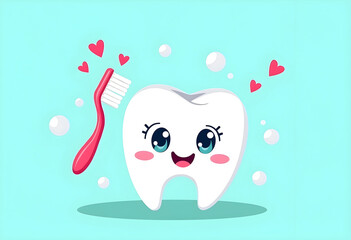 cartoon tooth with brush, fun expression