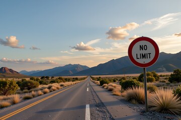 Scenic Desert Highway with No Limit Sign Open Road Mountain Landscape