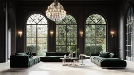 Fototapeta premium Elegant living room featuring dark walls, large windows, green sofas, and a chandelier