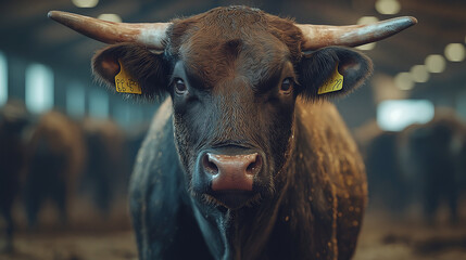 Naklejka premium Muscular Angus bull standing confidently in a barn, showcasing strength and vitality in a serene farming environment