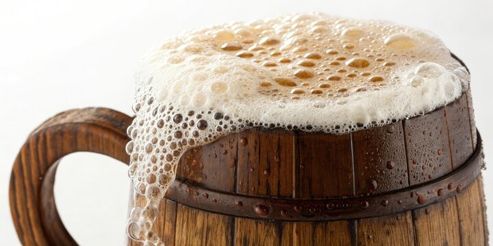 Close-up shot of a foamy beer in a wooden mug with bubbles rising to the surface, hot beverages not included, beery beverage, wooden vessel, foam mug