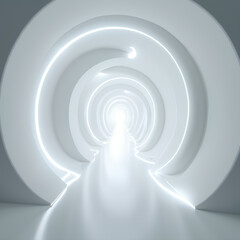 Obraz premium Couloir Futuriste Blanc avec Lumière Brillante au Loin Un corridor lumineux et moderne avec un éclairage éclatant au fond, créant une ambiance futuriste.
