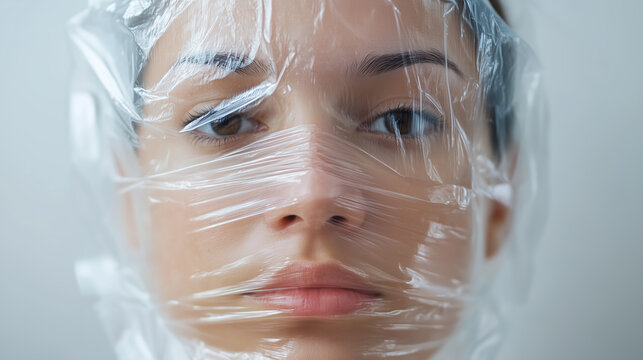 Plastic bag or shrink wrap covering face of woman symbolizing suffocation, plastic pollution, and the suppression of free speech